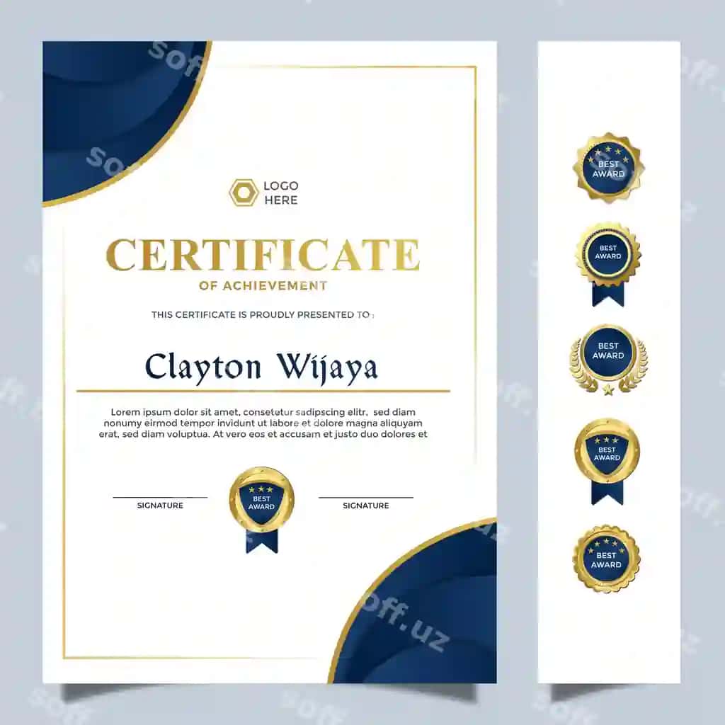 Zamonaviy oddiy A4 sertifikat dizayn shablon ko'k oltin hasharot | Modern simple a4 certificate design template blue golden luxury