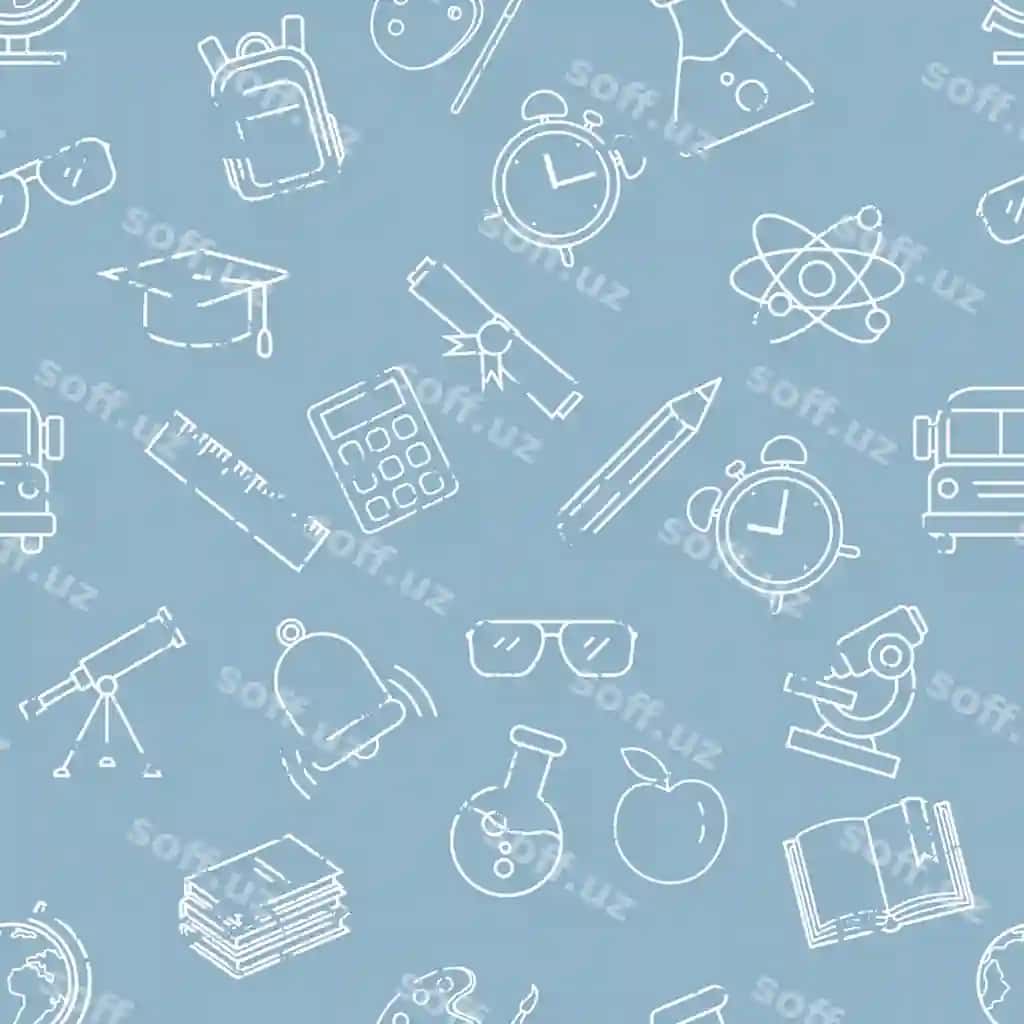 Vektor uzilmas grunge naqshi oq chetlar bilan ko'k rangdagi maktab ikonkalari | Vector seamless grunge pattern with white outline school icons blue