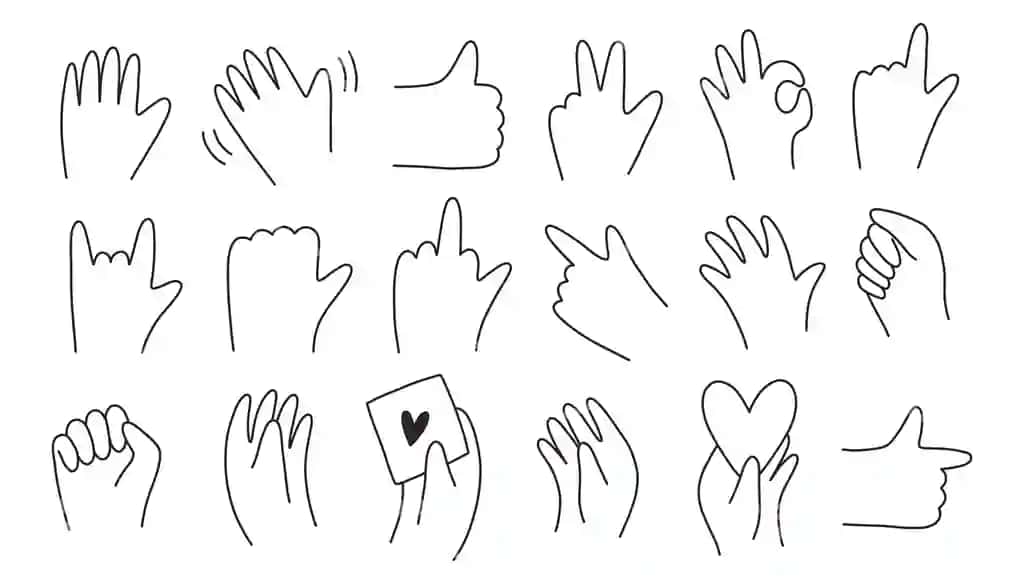 Chizma qo'l belgilari to'plami har xil belgilar, okay bosh bermoq tinchlik ko'rsatish | Doodle hand gesture set different gestures okay thumb up peace pointing