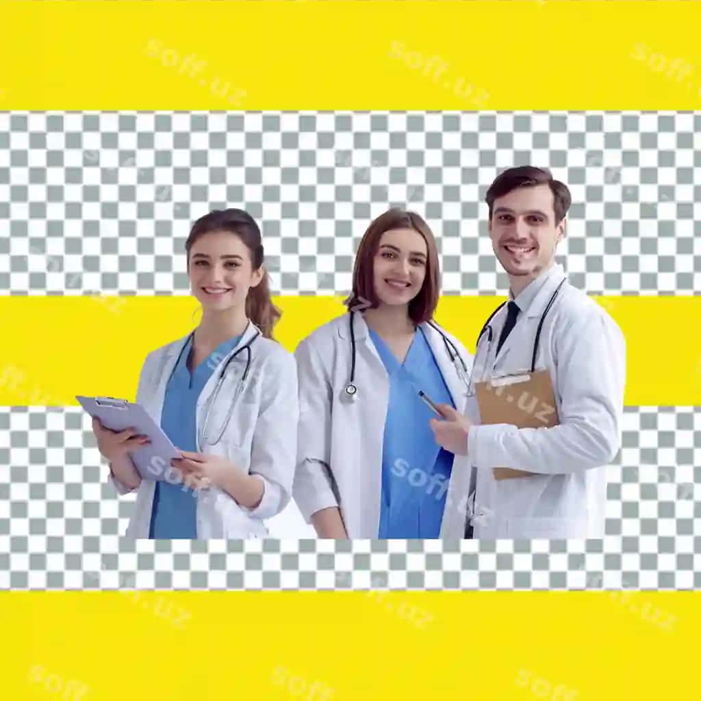 Guruh shifokollari oldinda sariq orqa fonda turganlar | Group doctors are standing front yellow background