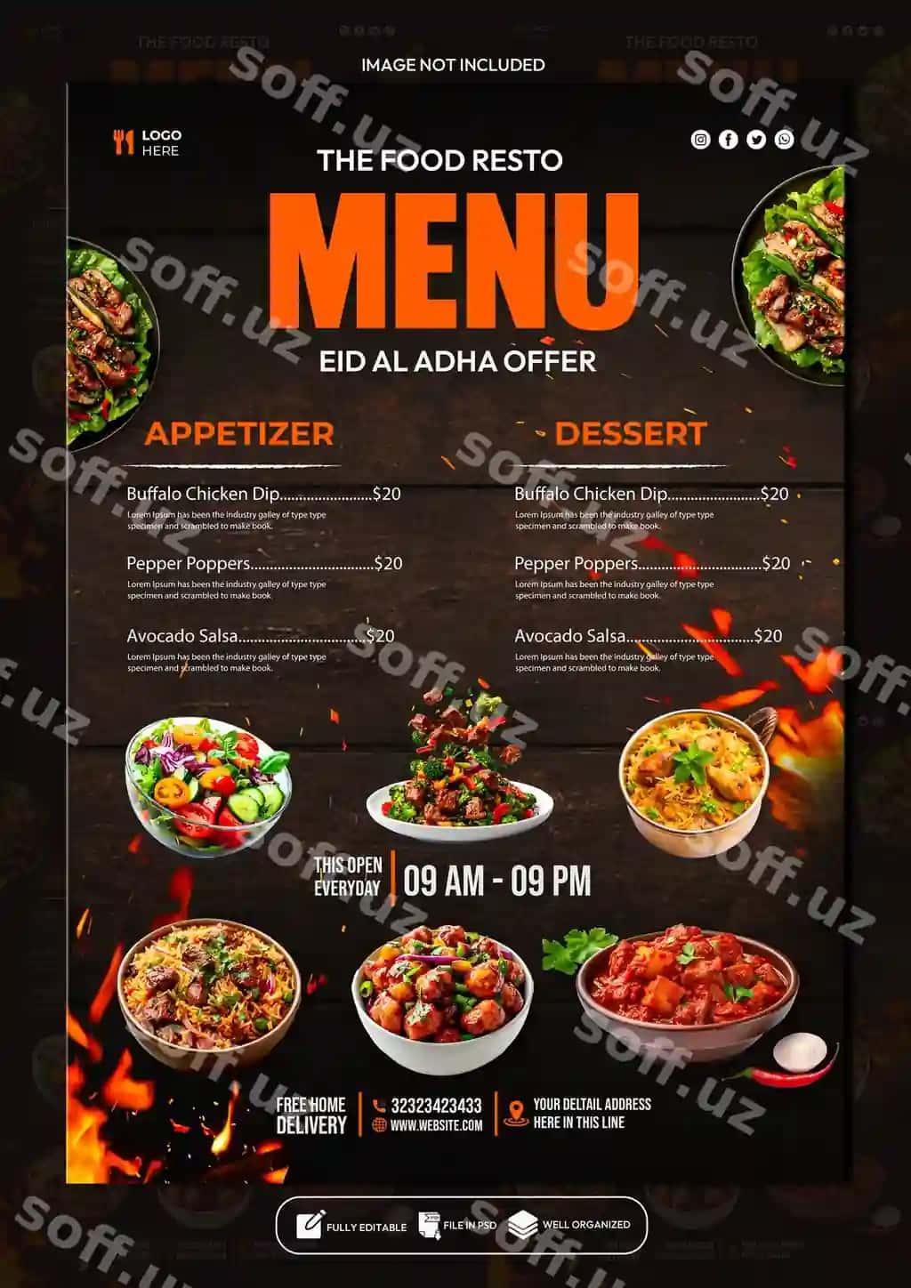 Qurbon hayiti maxsus ovqat menyusi poster dizayn shabloni | Eid al adha special food menu poster design template