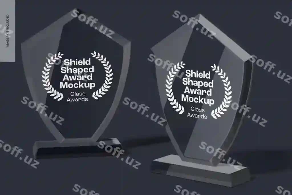 Shild shaklidagi sovrinlar modeli o'ng old tomondan ko'rinish | Shield shaped awards mockup front right view