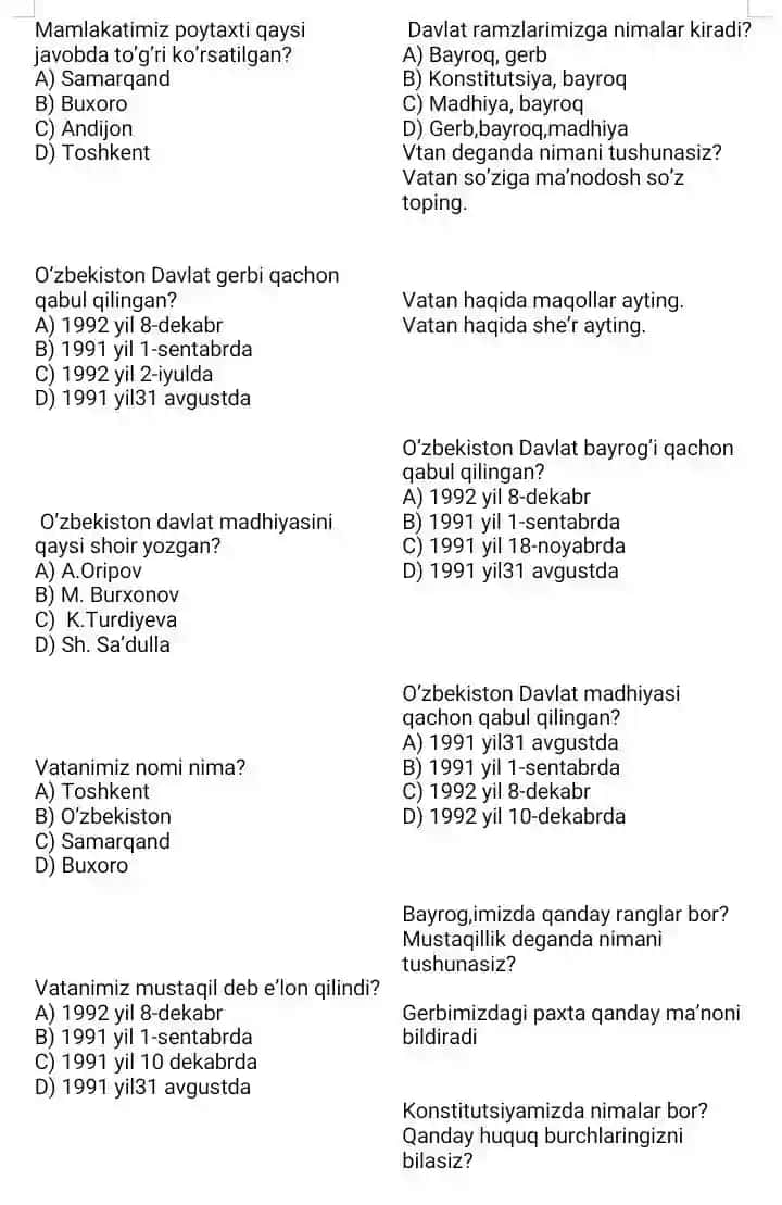o'qish fanidan tarqatma