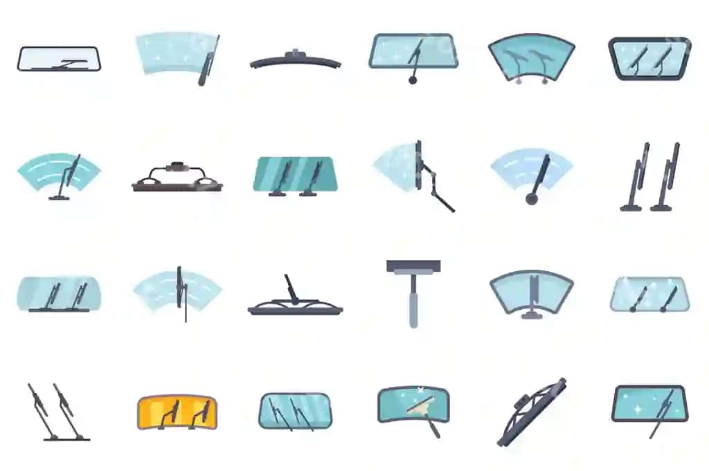 Mashina shina yog'dirgichi shinani tozalash aniq ikonlar to'plami | Car windshield wiper keeping windscreen clean clear icon set