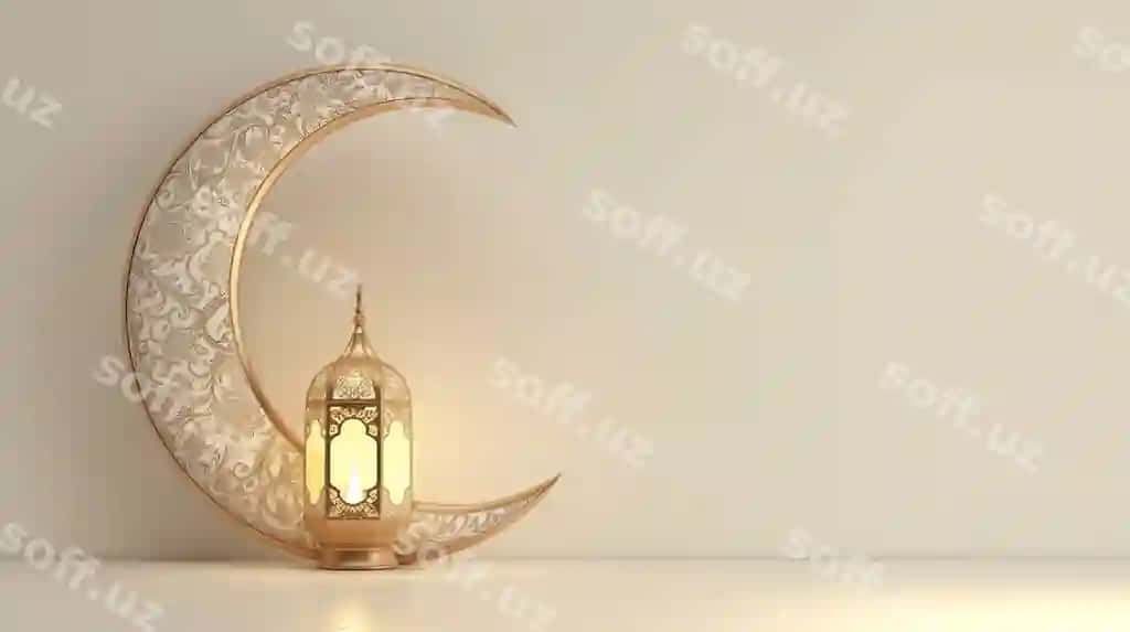 3d render oq oltin hilol chiroq bilan oq fon nusha joyi | 3d rendering white golden crescent moon with lantern white background with copy space