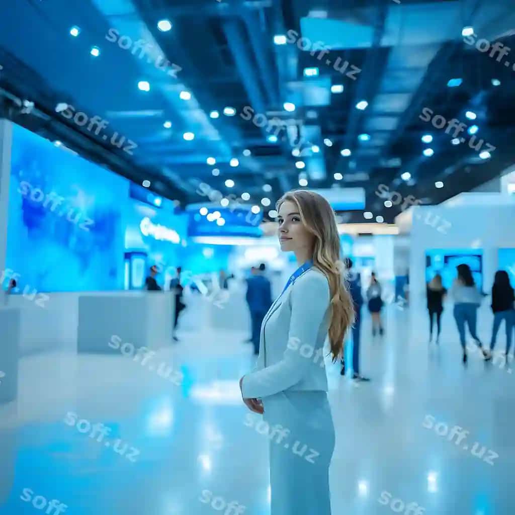 Ko'k ko'ylak kiygan ayol katta xonada to'xtagan, odamlar aylanib bormoqda. | Woman blue dress standing large room with people walking around