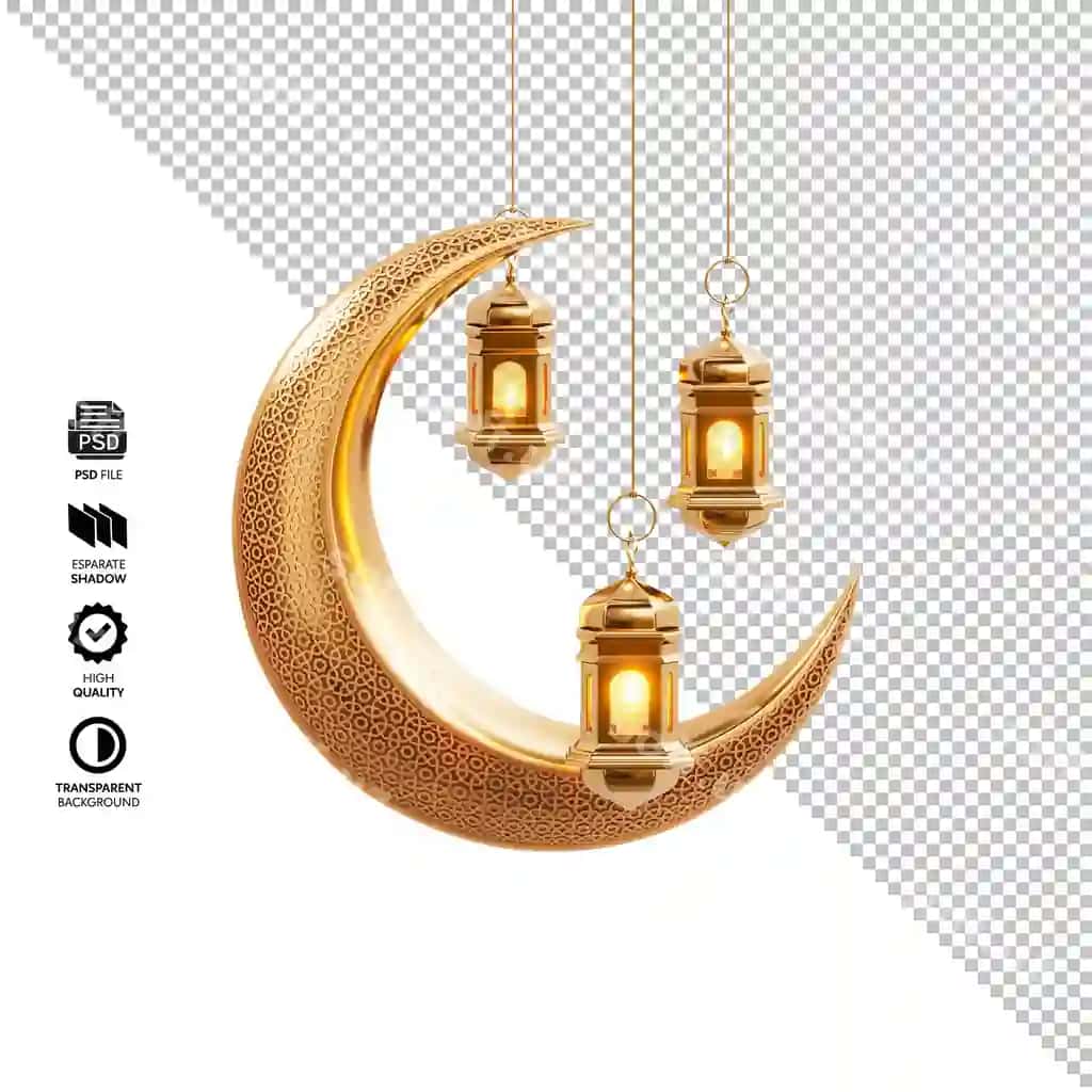 Psd hasharotli oltin hilol chiroqlari islam bayrami bezatishi | Psd luxurious golden crescent moon lanterns islamic holiday decoration