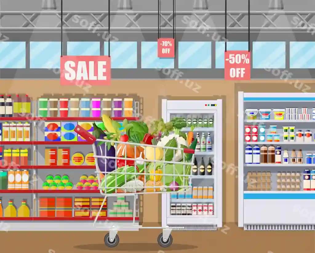 Supermarket do'kon ichki ko'rinishi, sabzilar bilan xarid savati, katta xarid | Supermarket store interior with vegetables shopping cart big shopping