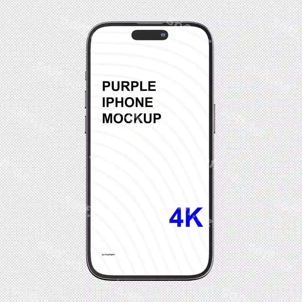 Binafsha Iphone namunasi orqa fonsiz old tomondan ko'rinish | Purple iphone mockup without background front view