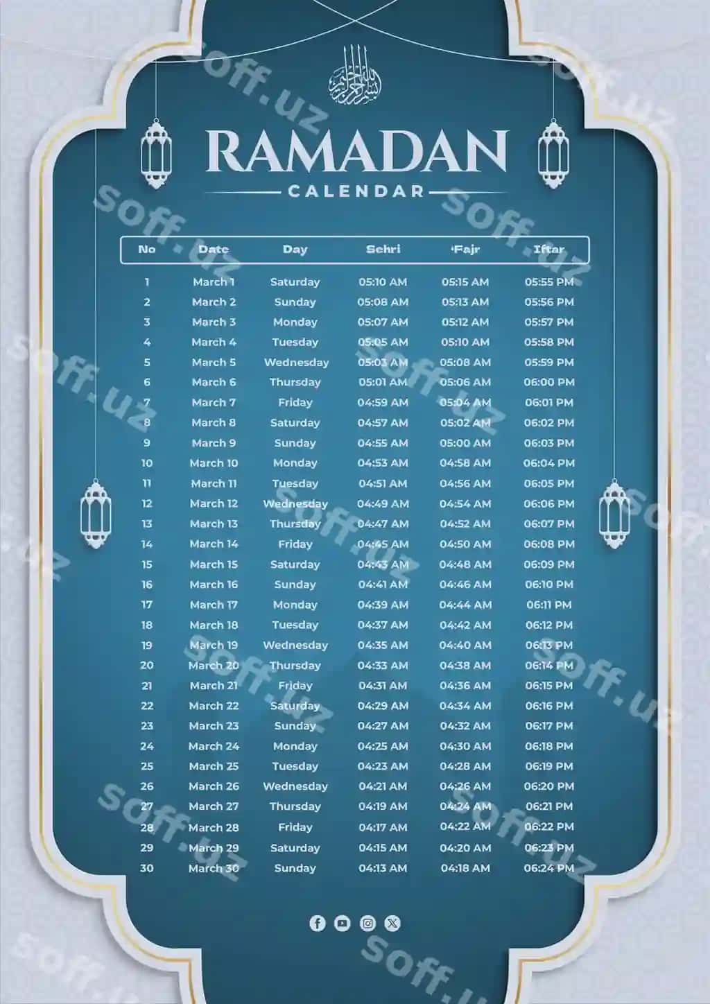 Nazik klassik Ramazon jadvali plakati lanternalar bilan | Elegant classic ramadan schedule timetable poster with lanterns