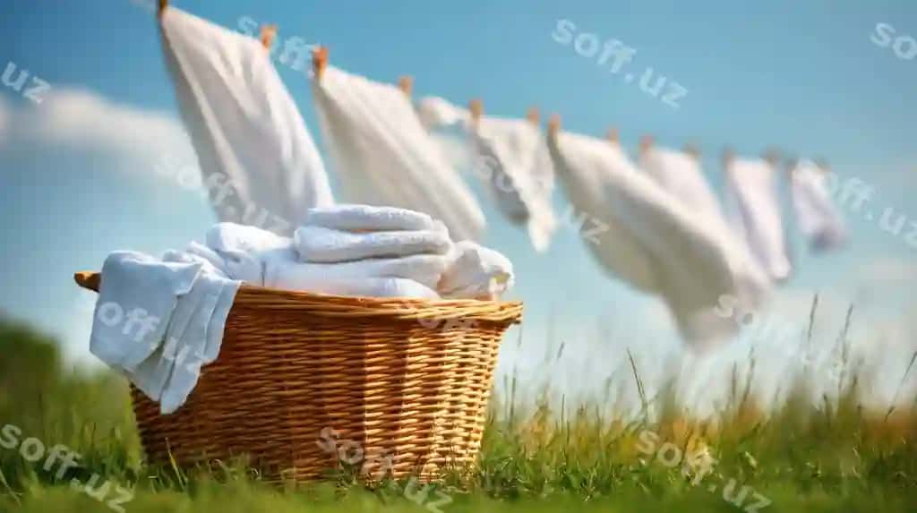 Chuqur kir poyabzoni savati yangi oq kiyimlar bilan tabiat | Wicker laundry basket with fresh white clothes nature