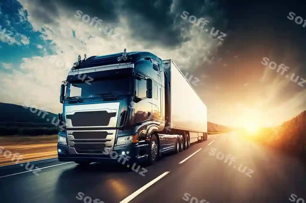 Yuk avtomobili yo'l bo'yi quyosh botishi generativ sun'iy intellekt | Semi truck driving down highway sunset generative ai