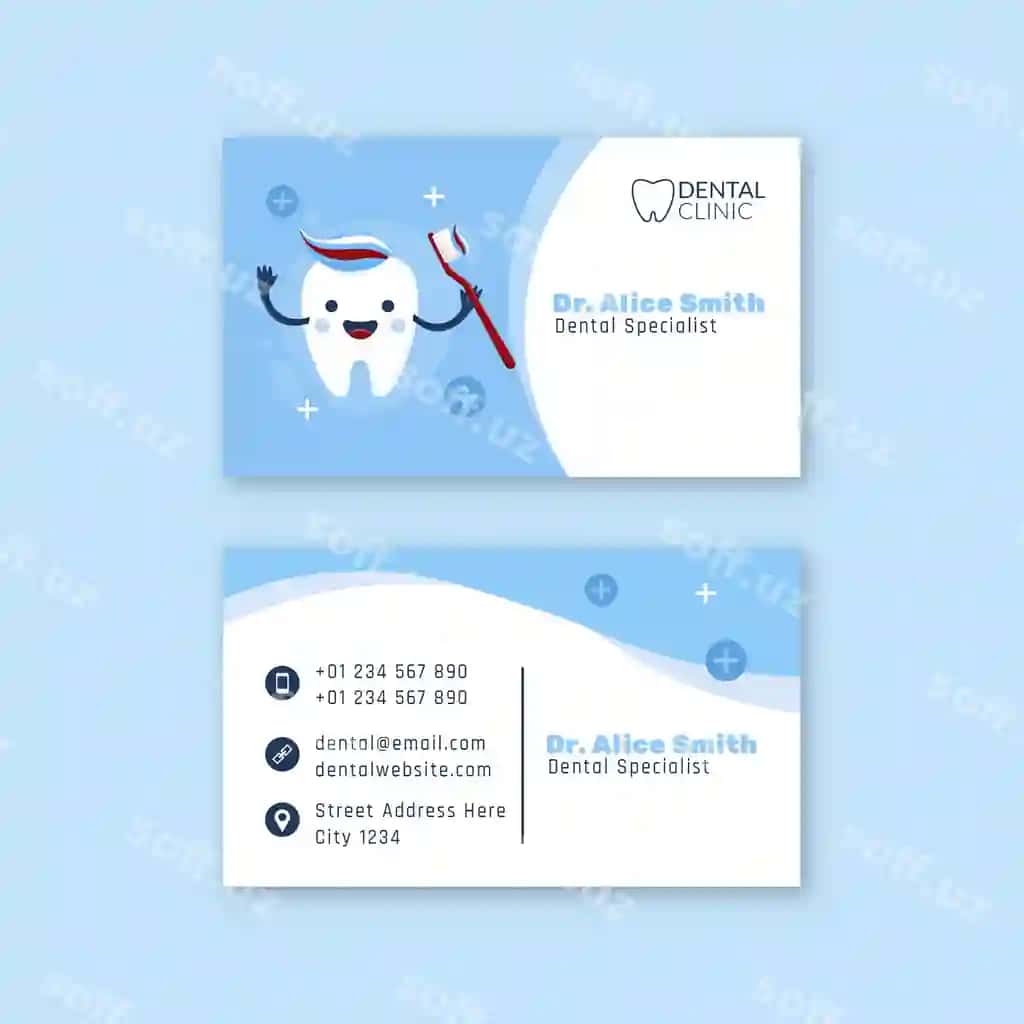 Qo'l bilan chizilgan horizontal biznes karta shabloni tish klinikasi | Hand drawn horizontal business card template dental clinic
