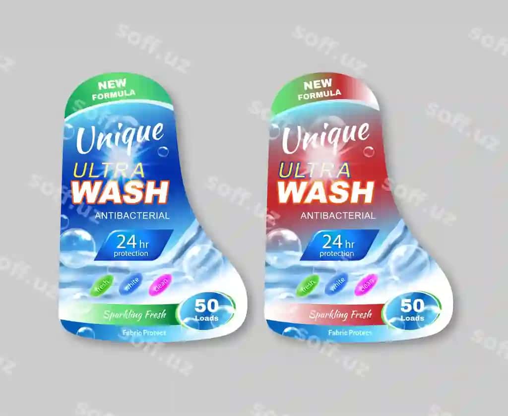 Ultra wash chistka vositi etiketkalari ko'k dizayn shabloni | Ultra wash detergent labels blue design template