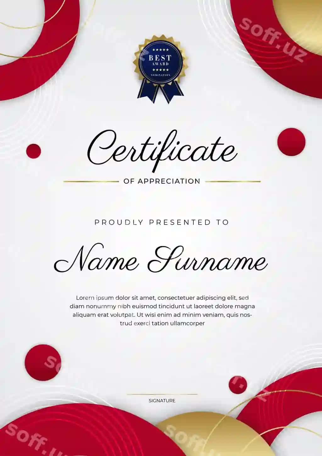 Boylik sertifikat baholash shabloni qizil oltin rangli ko'plab funksiyali | Luxury certificate appreciation template with red gold color multipurpose
