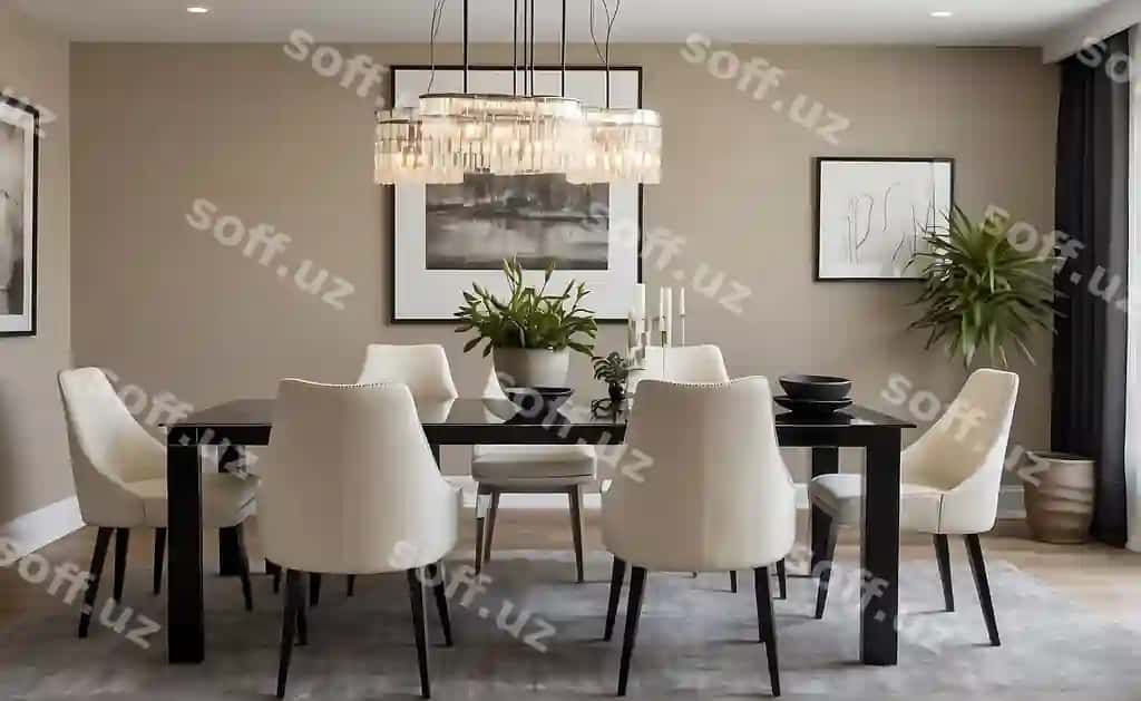 Oshxona stol kreslolari bilan rasm devori | Dining room with table chairs picture wall