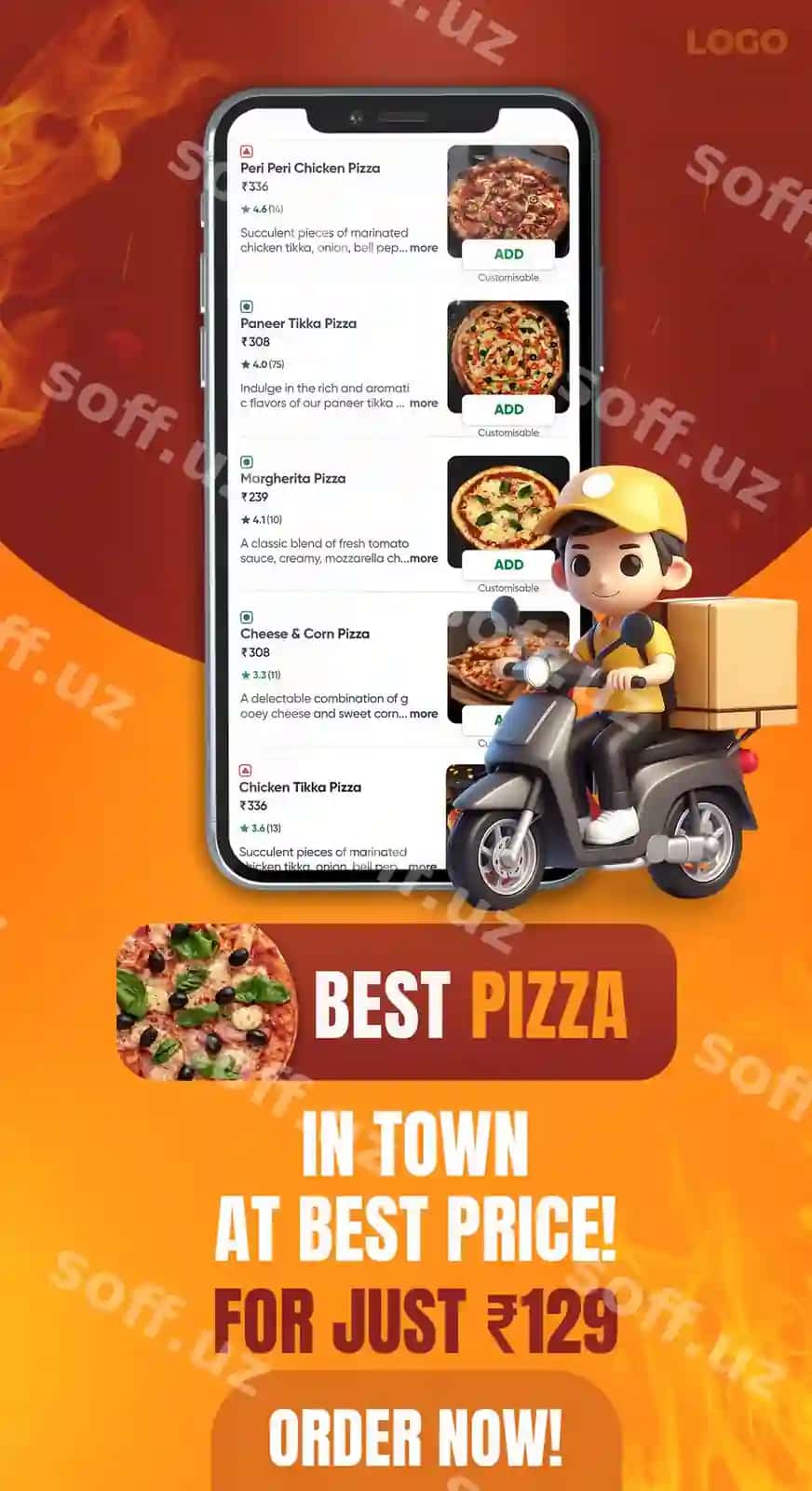 Telefon pitsa bilan, bu pitsa menyusi. | Phone with pizza it pizza menu