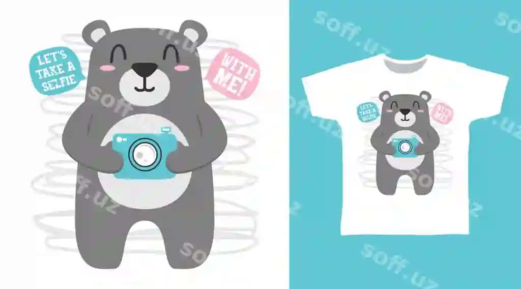 Selfie ayiq kamera bilan multfilm futbolka konsepsiya dizayni | Selfie bear with camera cartoon tshirt concept design