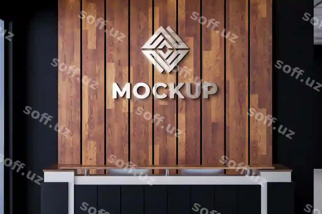 Logotip mockup ofis xonasi yog'och devori qora realistik 3D render | Logo mockup office room wood wall black realistic 3d render