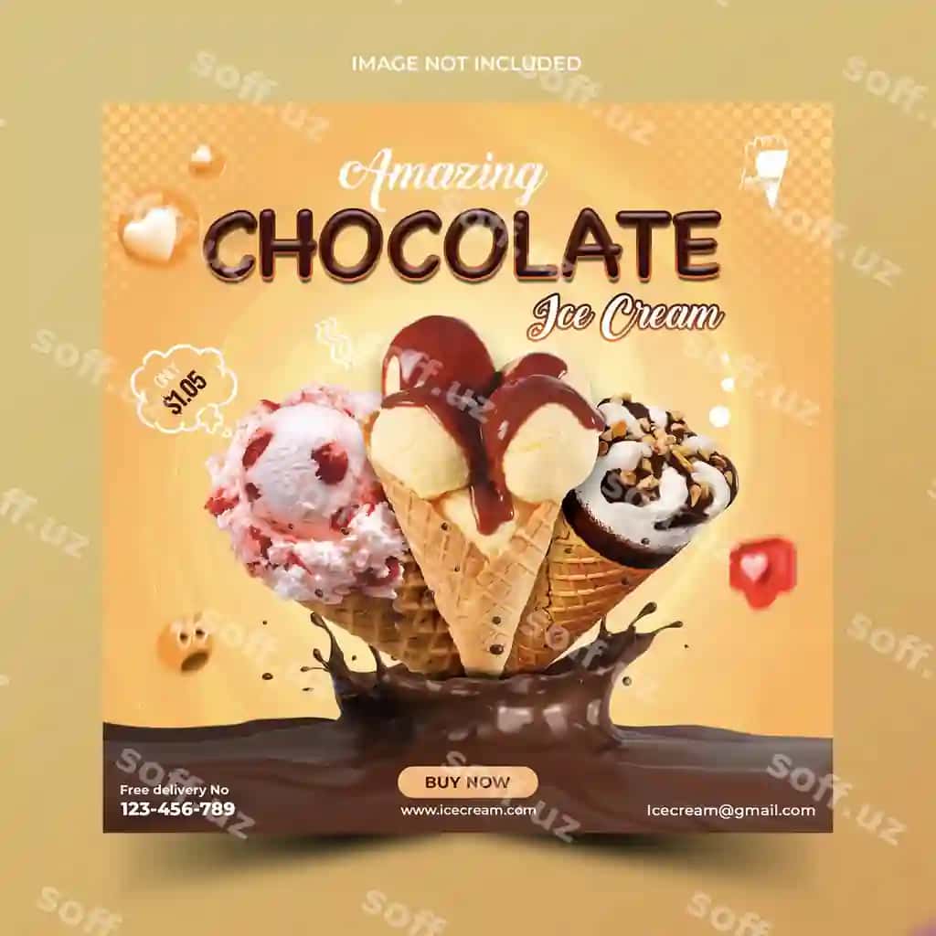 Shokolad mazali muzlatma ijtimoiy tarmoqlar post dizayn shabloni | Chocolate delicious icecream social media post design template