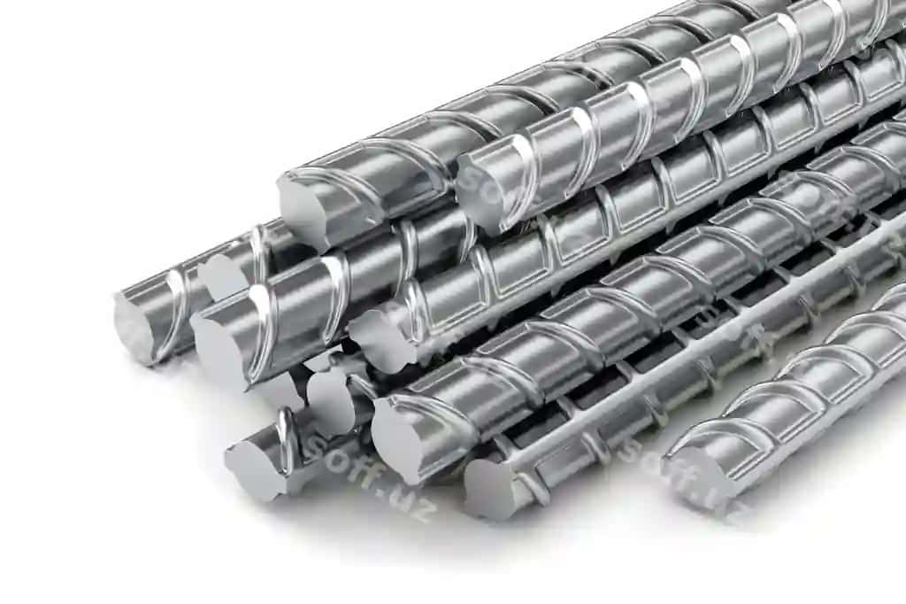 Uy qurilishidagi armatura temir shnilarining joylashgan oq fonda | Building armature steel bars stack white background