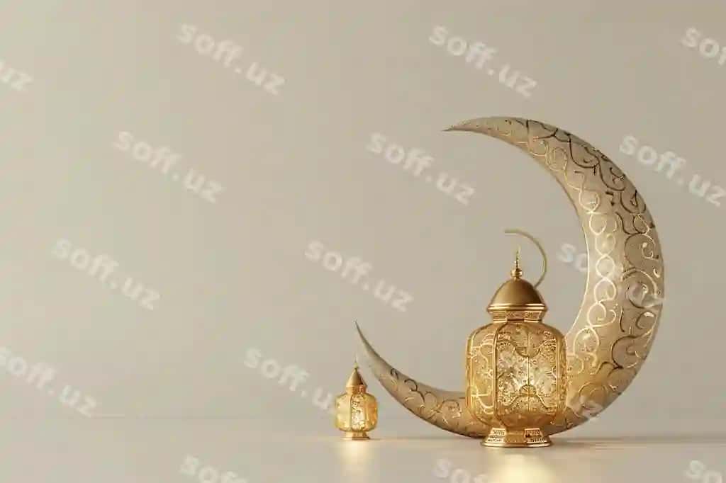 Naqshlangan oltin fonarlar hilol dekoratsiyasi | Ornate golden lanterns crescent moon decoration