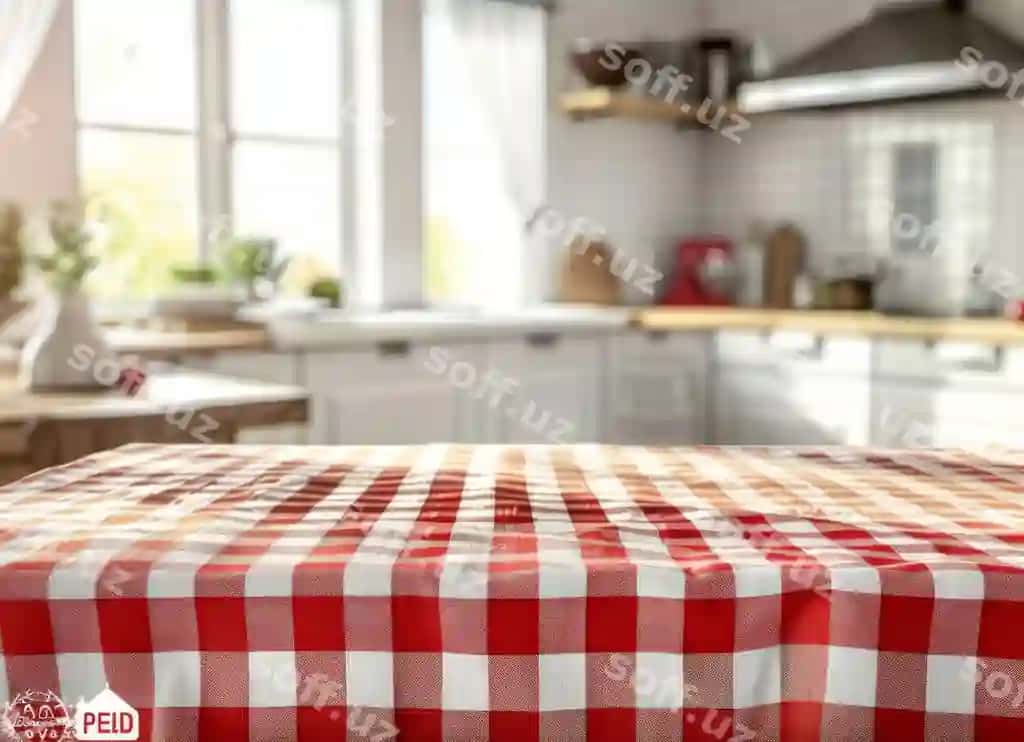 Qizil oq chizilgan maslul oshxona sozlash | Red white checkered tablecloth kitchen setting