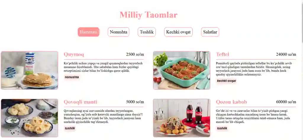 Milliy Taomlar restoran uchun maxsus veb sayt