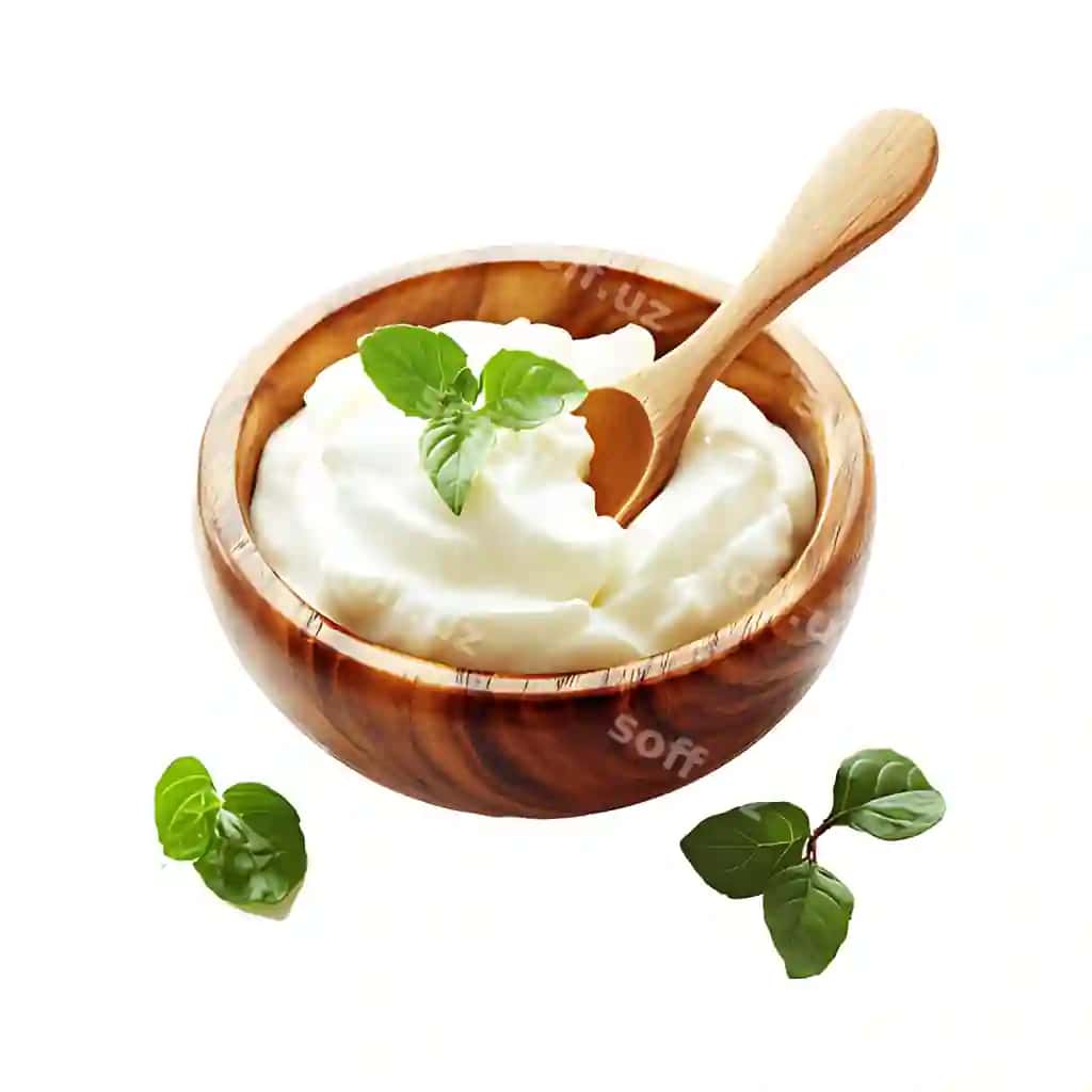 Yog'dirli yo'gurt yog'liq qovurda yog'liq qoshiq bilan shaffof fonda | Fullfat yogurt wooden bowl with wooden spoon transparent background