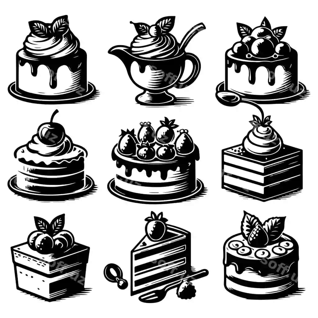 Tort dessert qora ikonkalar vektor komplekt stock illustratsion | Cake dessert black icons vector set stock illustrational