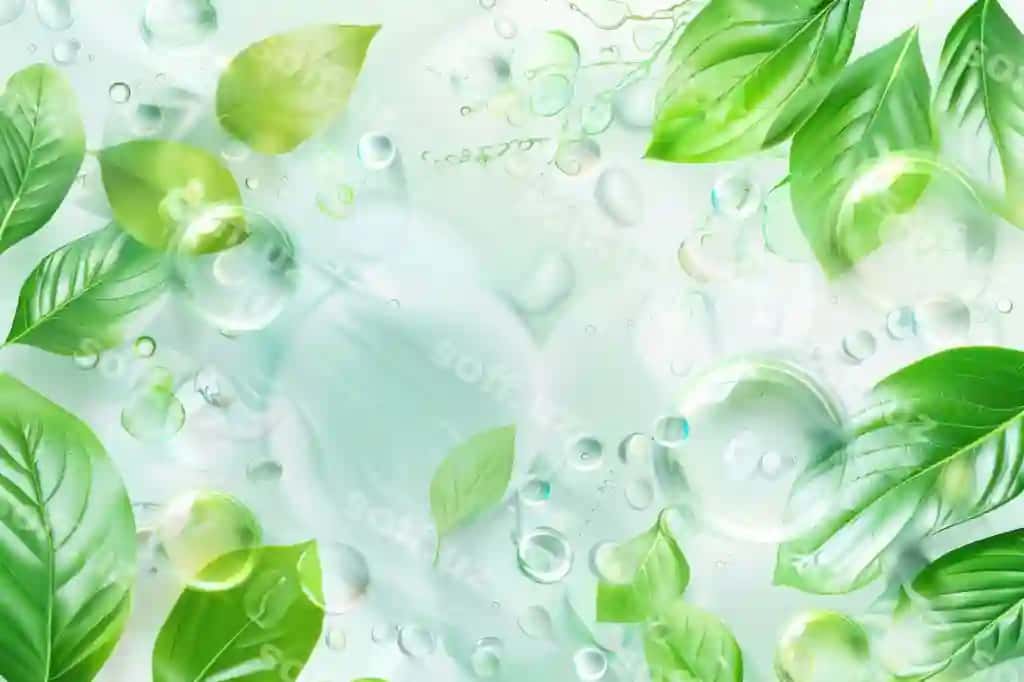 Fon kosmetik mahsulotlar namoyish vektor illustratsiyasi su damchalari yaproqlar stakan aylantlar bilan | Background cosmetic products presentation vector illustration with water drops leaves glass circles