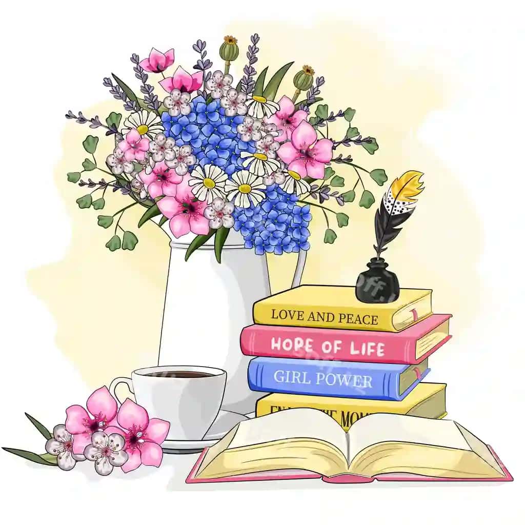 So'nggi kunning shtil' liv karikatura vektor illustratsiyasi kitoblar stekiga bilan | Morning still life cartoon vector illustration books stack with
