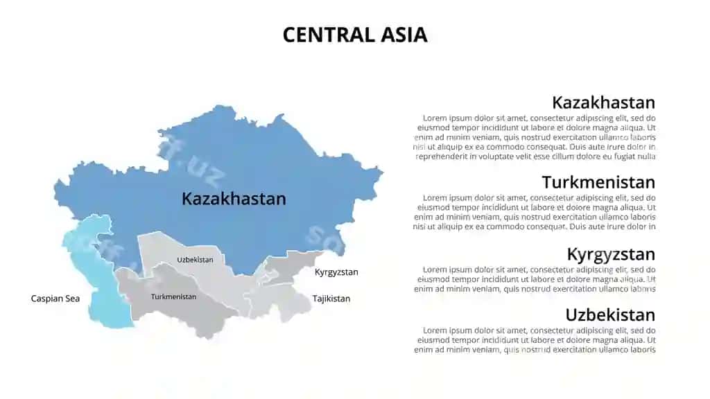 Markaziy Osiyo vektor xarita infografika shabloni davlatlarga bo'lingan | Central asia vector map infographic template divided by countries
