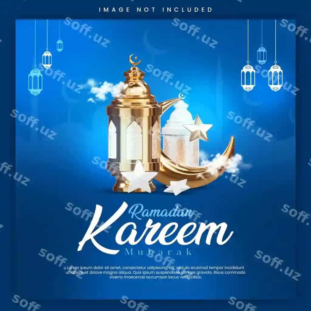 Bayramlik Ramazon Kommay salomi oltin o'tqichlar va hilol bilan | Festive ramadan kareem greeting with golden lanterns crescent moon