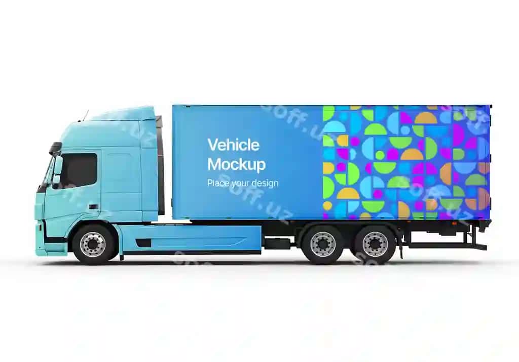 Ko'k yarim avtomobil modeli moslashuvchan yuk tormozi bilan | Blue semi truck mockup with customizable cargo trailer