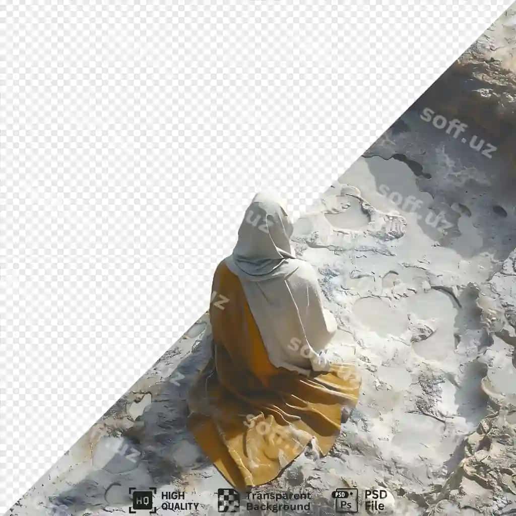 Yolg'iz figura hech kim yo'qligi toshli manzarada oq kap va sariq o'tiradi | Lone figure sits desolate rocky landscape with white hood yellow