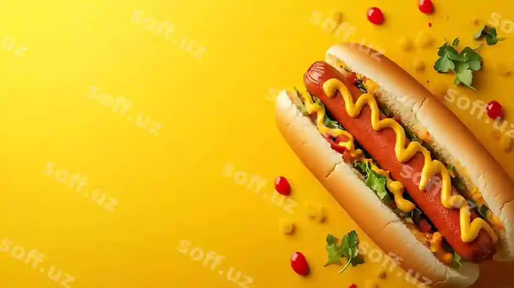 Hot-dog mustard va ketchup bilan sariq masa | Hot dog with mustard ketchup is yellow table