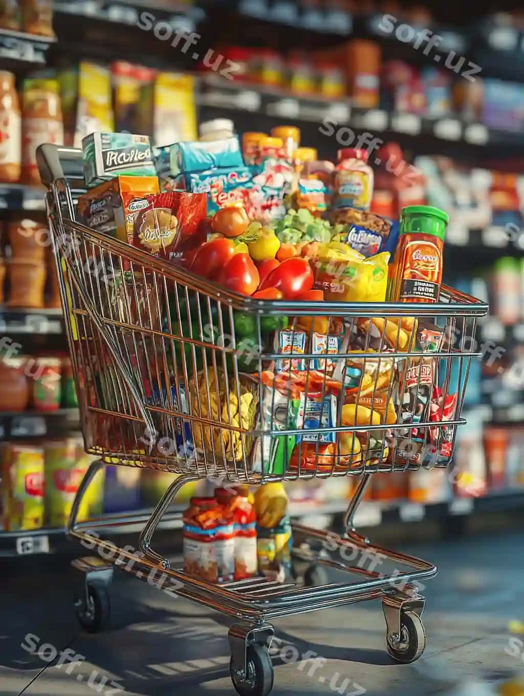 Xarid savati yangi mevalar sabzilar va mahsulotlar bilan to'plangan | Shopping cart packed with fresh fruits vegetables groceries
