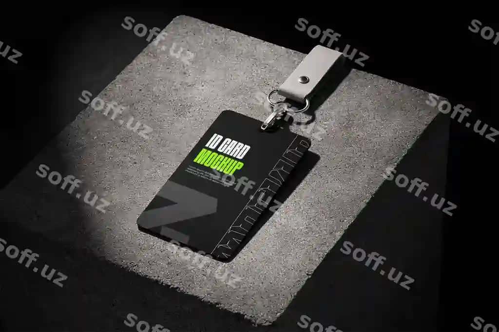 Kasblashtirilgan qora ID karta namunasi lanyard bilan beton | Professional black id card mockup with lanyard concrete