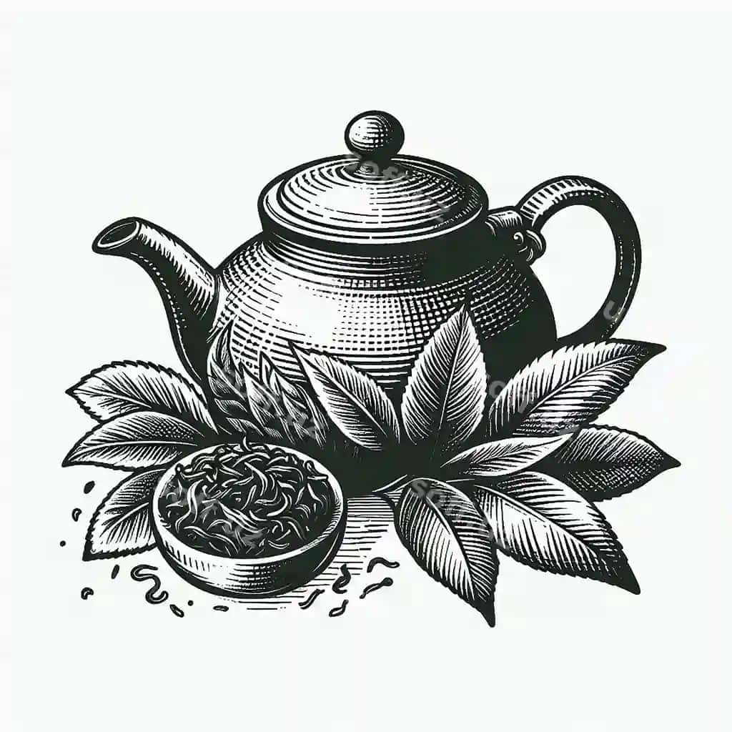 Choy qozoni choy yaproqlari ikonka chizigi uslubidagi choy marosimlari qadoqlashi | Teapot with tea leaves icon sketch style tea ceremonies packaging