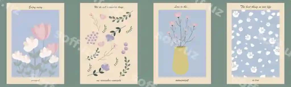 Gulli illustratsiya turli ranglardan tashkil topgan kompositsiya devor san'ati posterlari | Floral illustration with different colors composition wall art posters