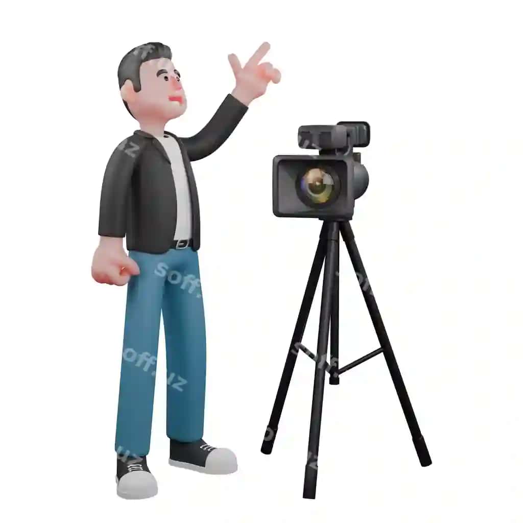 Erkak kamerasop kino kamerasini chap qo'lida yuqoriga yo'naltirgan illustratsiya. | Male cameraman stands cinema camera with his left hand pointing up illustration
