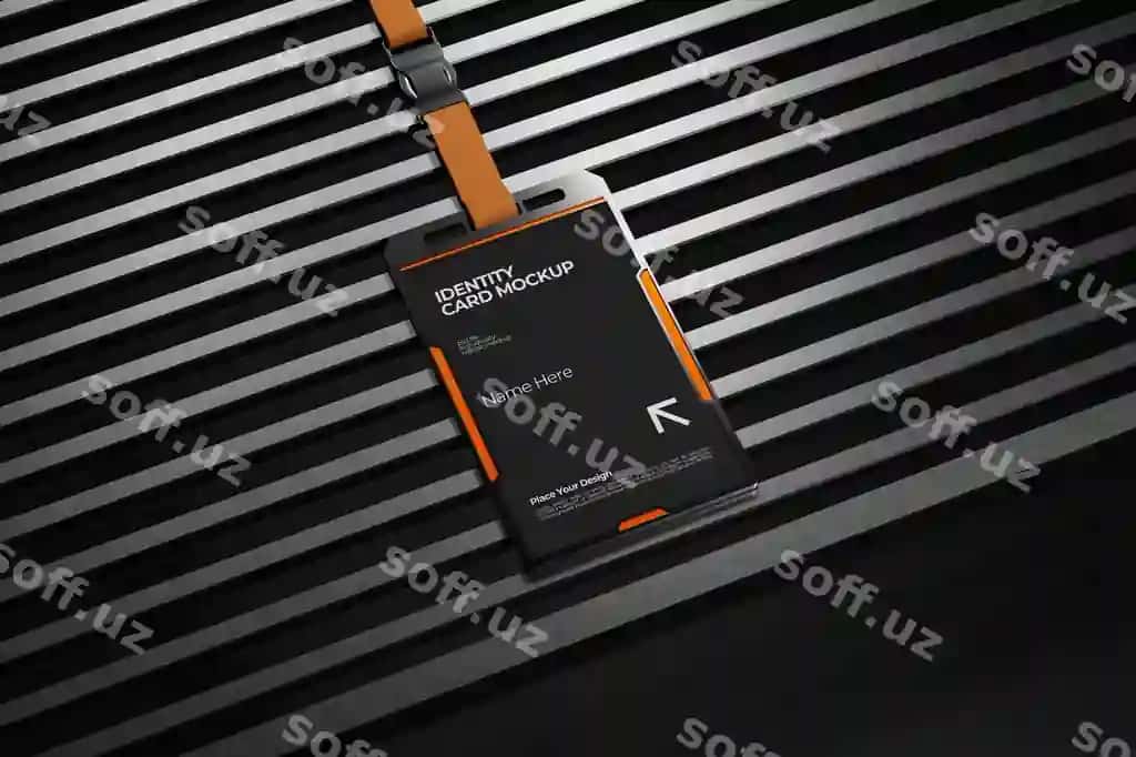 Zamonaviy identifikatsiya kartasi namunasi lanyardli shaxmatli yuz bilan | Modern identity card mockup with lanyard striped surface