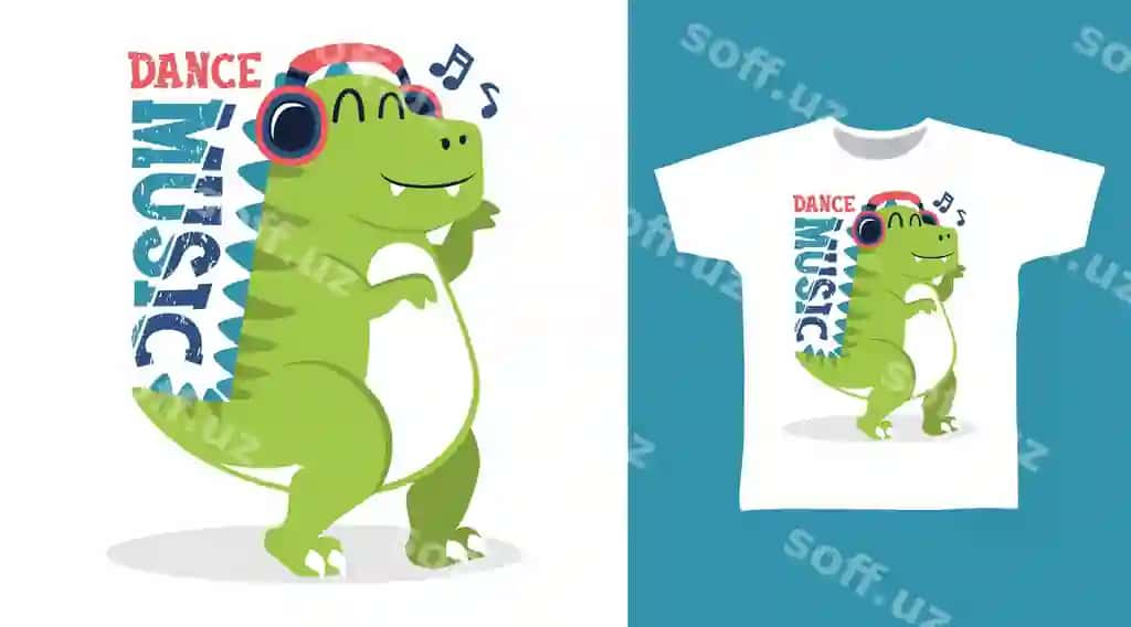 Dinosav naushnik bilan karykatura futbolka kiyim dizayni | Dinosaur with headphone cartoon tshirt apparel design