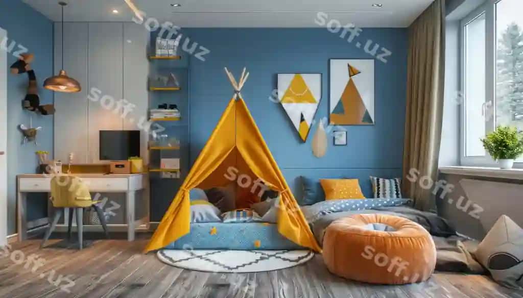 Ko'k va sariq bolalar xonasi chambar yotoq bilan | Blue yellow kids bedroom with teepee bed