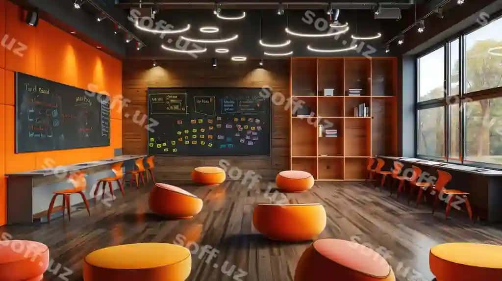 Virtual sinf uchuvchi stullar raqamli dosklar | Virtual classroom with floating chairs digital blackboards