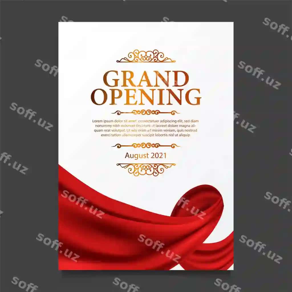 Katta ochilish kartka shabloni qizil teyzina ipak illustratsiyasi bilan | Grand opening card template with illustration red curtain silk