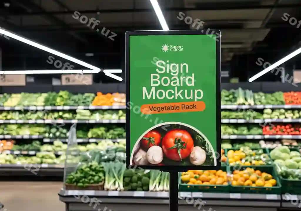 Supermarket belgi doskasi namuna sabzi raftasi namoyishi produtlar do'koni | Supermarket sign board mockup vegetable rack display grocery store