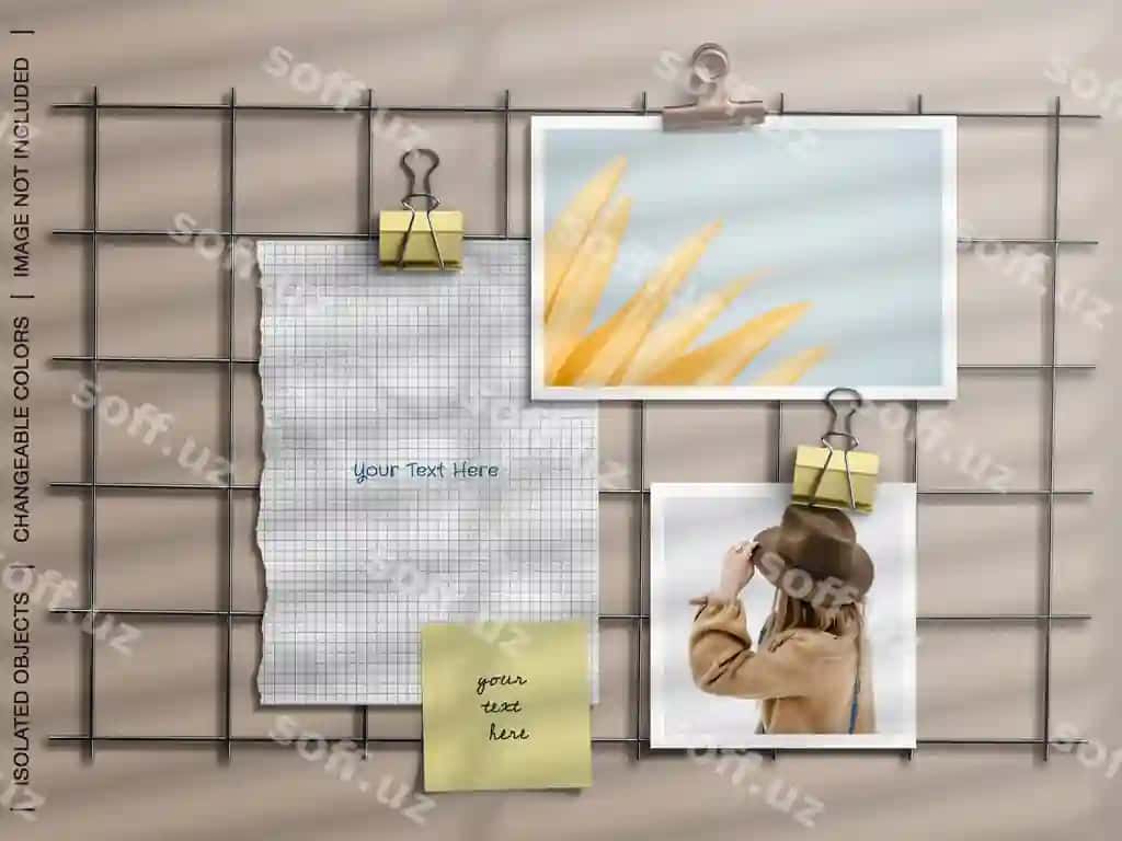 Devor moodboard qog'oz mahsulotlari namunasi yirtilgan qog'oz fotosurat kartochkalar kollej | Wall moodboard stationery mockup with torn paper photo card collage