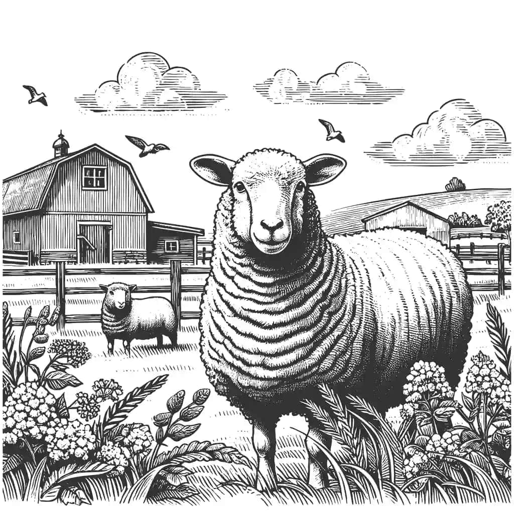 Qoʻy ombori vektor tasviri bilan ferma sahnasi | Farm scene with sheep barn vector illustration